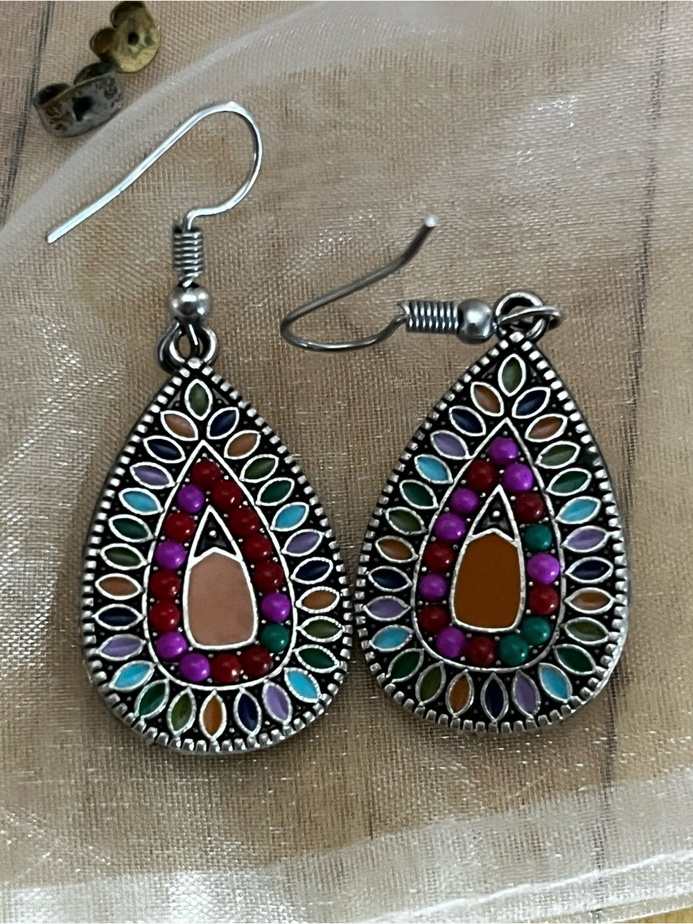 Boho Multicolor Enamel Teardrop Dangle Earrings Silver Tone Vintage